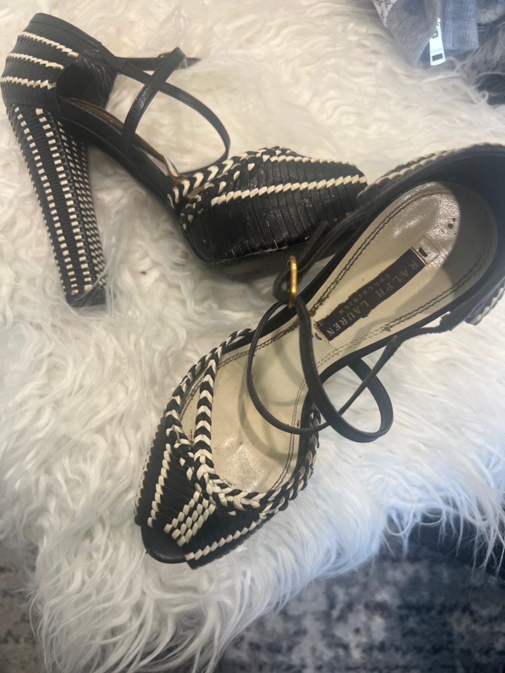 Ralph Lauren Black & White Braided High-Heel Sandals 38 USA 8 purple label shoes